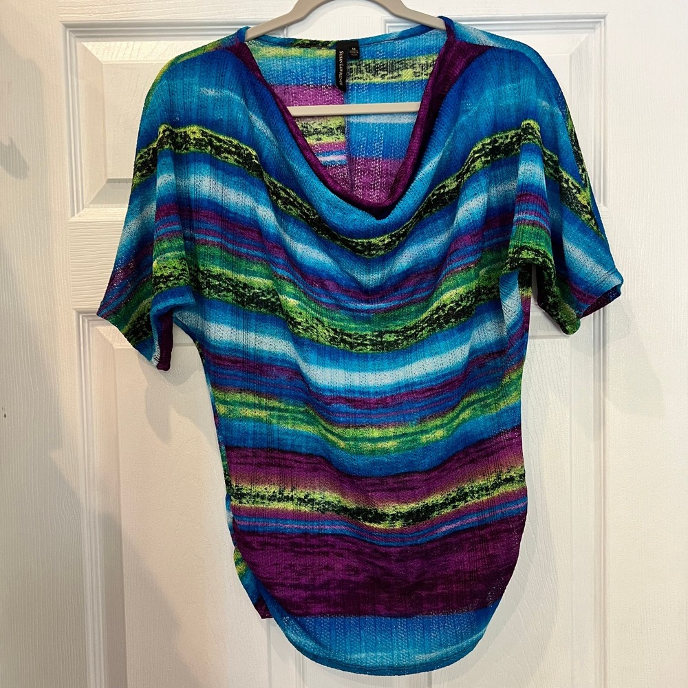 Susan Lawrence Cowl Neck Top Polyester Open Knit Striped Boho Aesthetic Y2K